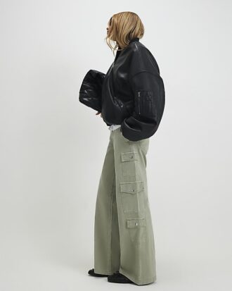 Green Denim Straight Leg Cargo Trousers