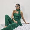 Green Embellished Wide Leg Trousers