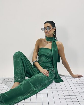 Green Embellished Wide Leg Trousers