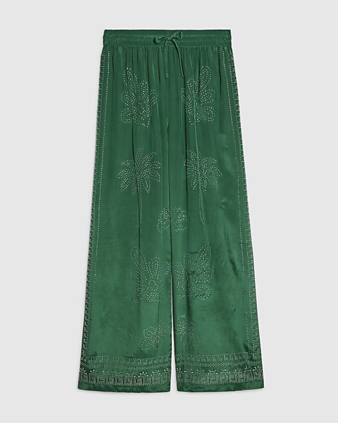 Green Embellished Wide Leg Trousers