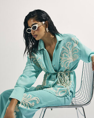 Green Embroidered Long Sleeve Beach Shirt