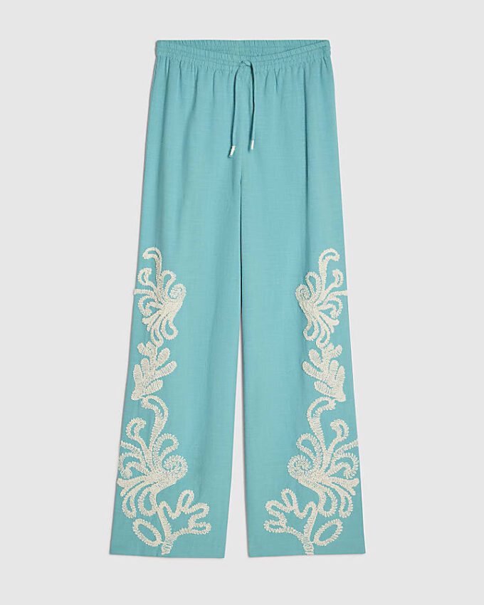 Green Embroidered Wide Leg Trousers