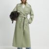 Green Faux Leather Belted Trench Coat