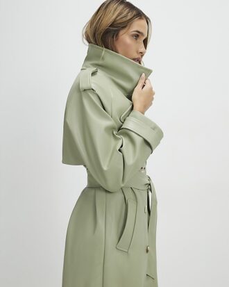 Green Faux Leather Belted Trench Coat