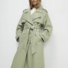 Green Faux Leather Belted Trench Coat