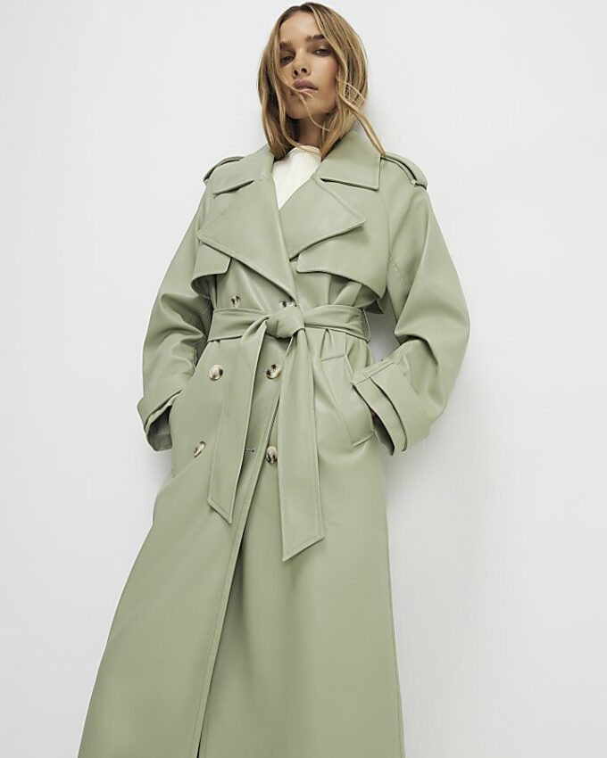 Green Faux Leather Belted Trench Coat