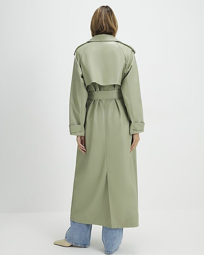 Green Faux Leather Belted Trench Coat