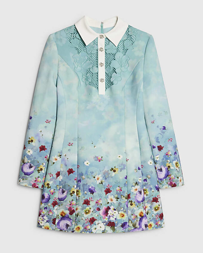 Green Floral Lace Trim Collared Mini Dress