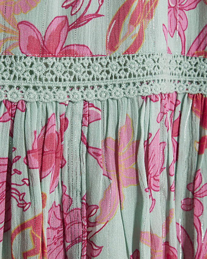 Green Floral Shirred Mini Beach Dress
