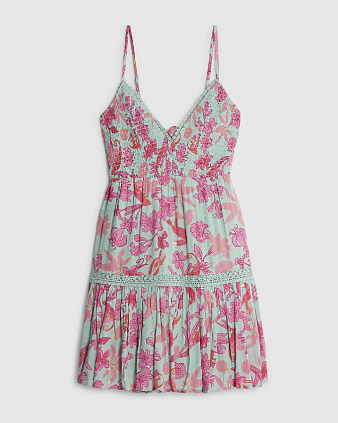 Green Floral Shirred Mini Beach Dress