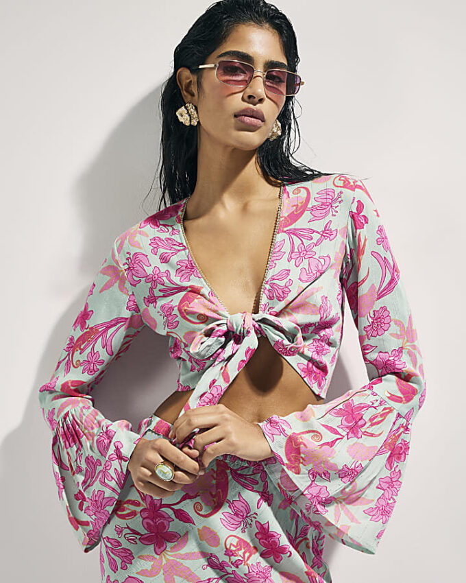 Green Floral Tie Front Beach Top