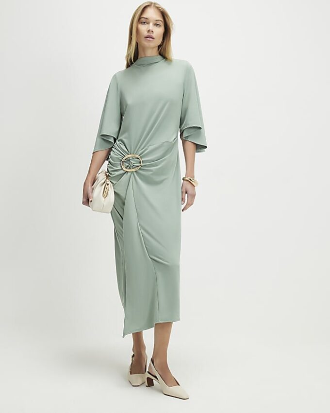 Green Gold Buckle Midi Dress