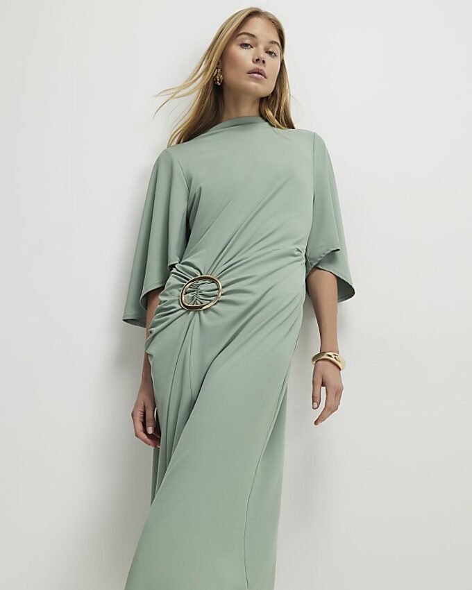 Green Gold Buckle Midi Dress