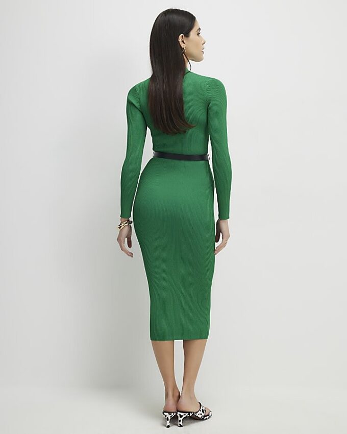 Green Knit Belted Ribbed Midi Dress