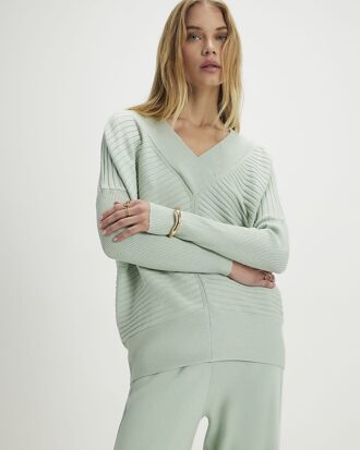 Green Knitted Ribbed V Neck Jumper
