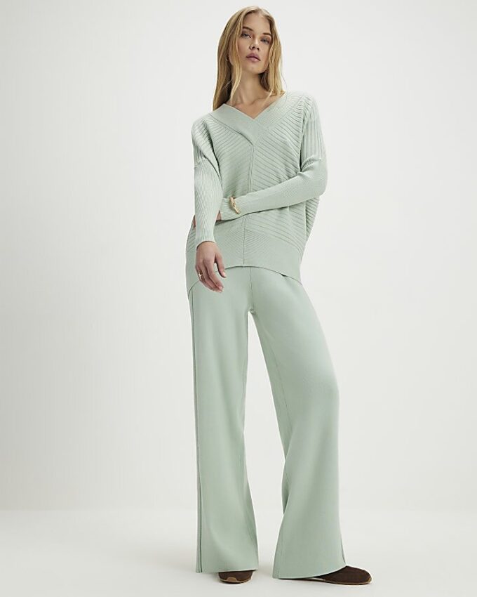 Green Knitted Ribbed V Neck Jumper