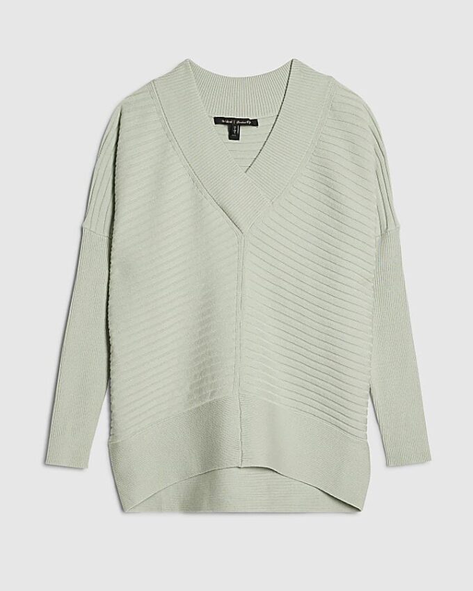 Green Knitted Ribbed V Neck Jumper