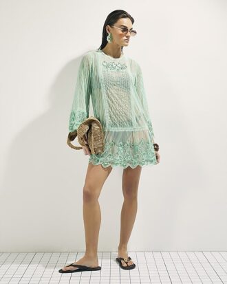 Green Mesh Embellished Beach Tunic Dress