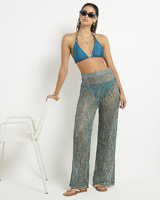 Green Metallic Knitted Beach Trousers