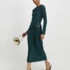 Green Plisse Buckle Detail Midi Dress