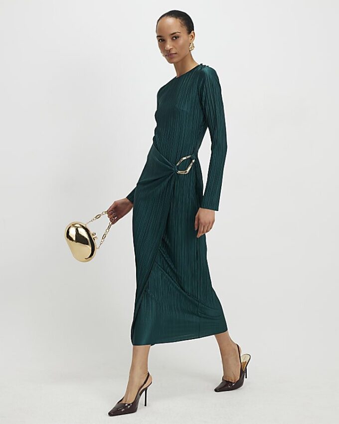 Green Plisse Buckle Detail Midi Dress
