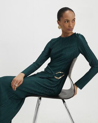 Green Plisse Buckle Detail Midi Dress