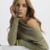 Green Ribbed Off The Shoulder Jumper