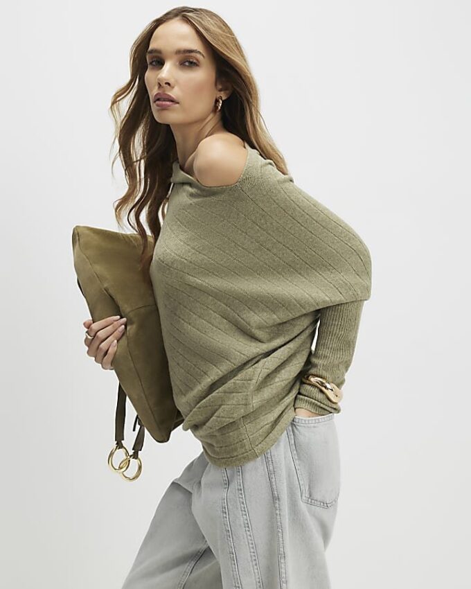 Green Ribbed Off The Shoulder Jumper