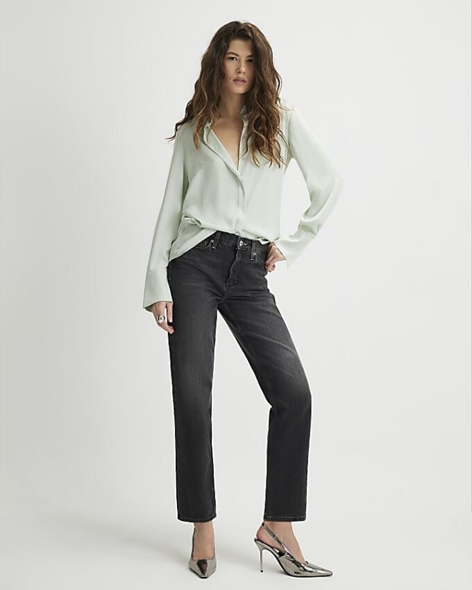 Green Satin Long Sleeve Slim Fit Shirt