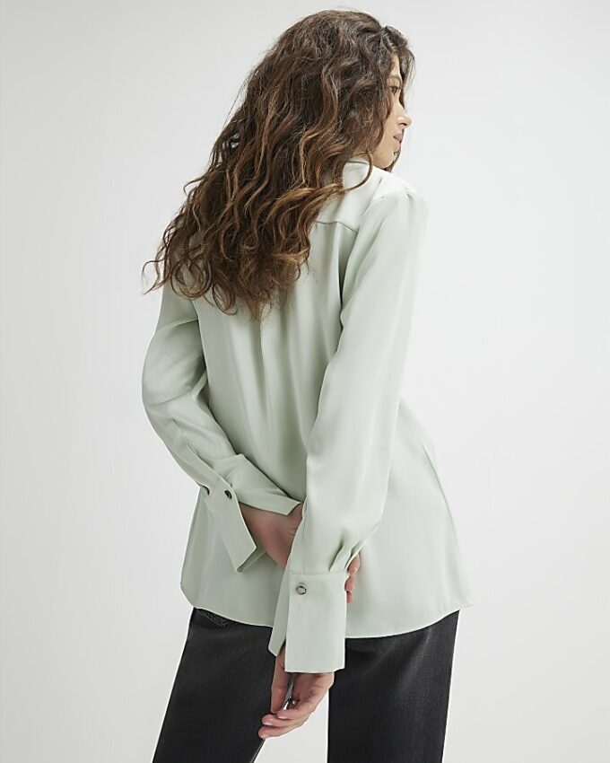 Green Satin Long Sleeve Slim Fit Shirt