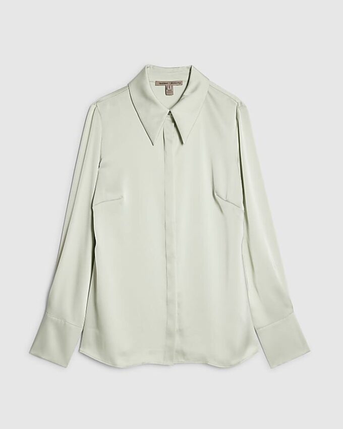 Green Satin Long Sleeve Slim Fit Shirt