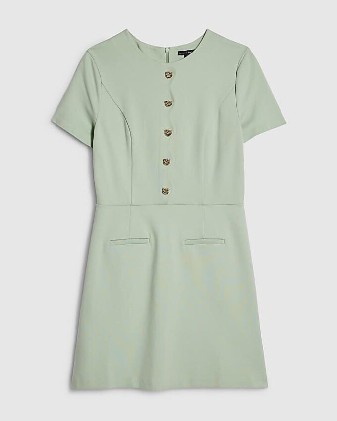 Green Short Sleeve Scallop Trim Mini Dress