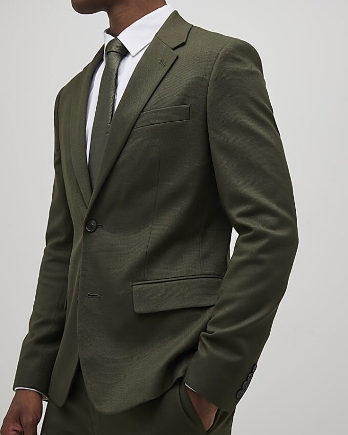 Green Skinny Fit Textured Suit Jacket