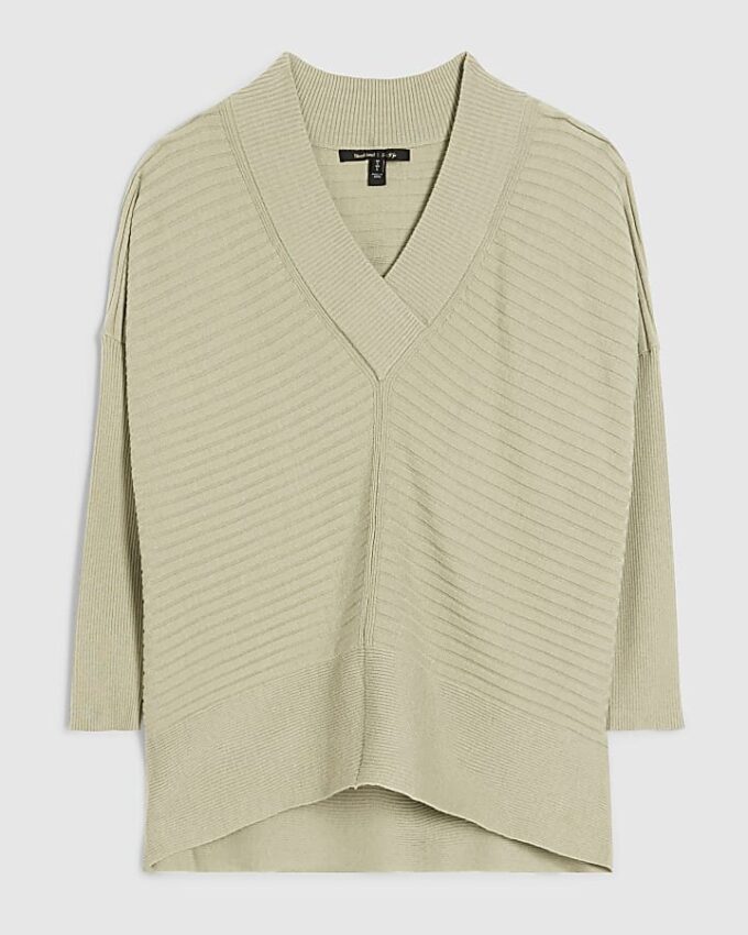 Green V Neck Ribbed Jumper