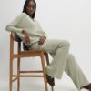 Green wide leg knitted ribbed trousers