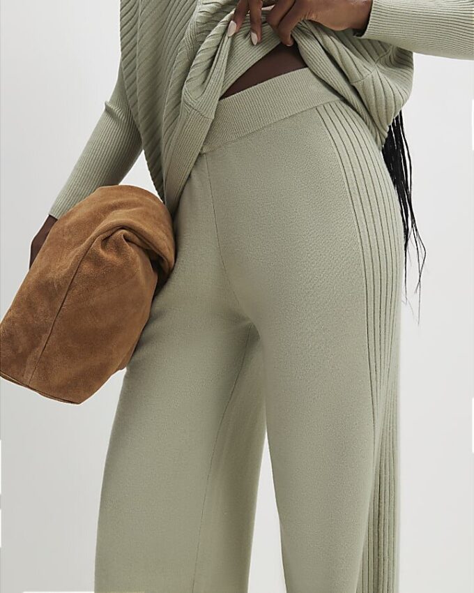 Green wide leg knitted ribbed trousers