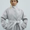 Grey Batwing Collar Belted Coat