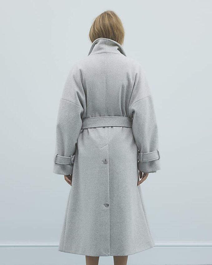 Grey Batwing Collar Belted Coat