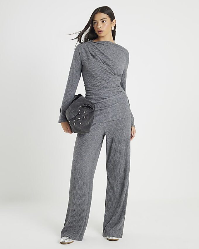 Grey Cosy Ribbed Wide Leg Trousers