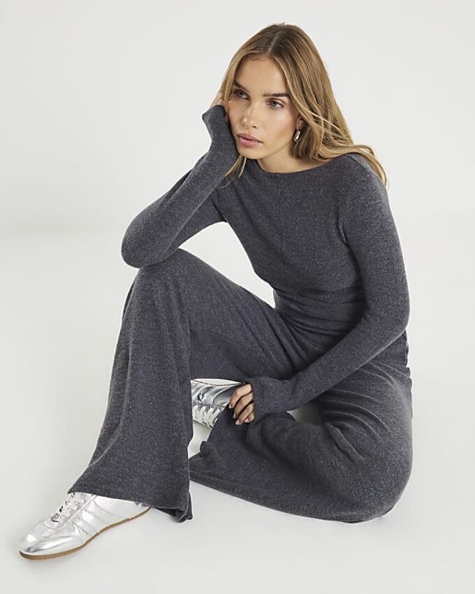 Grey Cosy Wide Leg Trousers