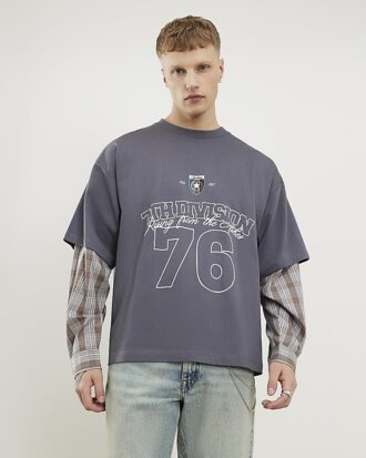 Grey Double Layered Number 76 Check T-Shirt
