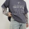 Grey Double Layered Number 76 Check T-Shirt