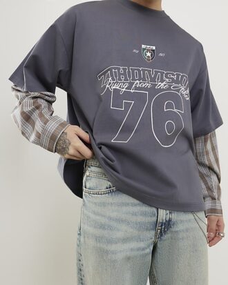 Grey Double Layered Number 76 Check T-Shirt