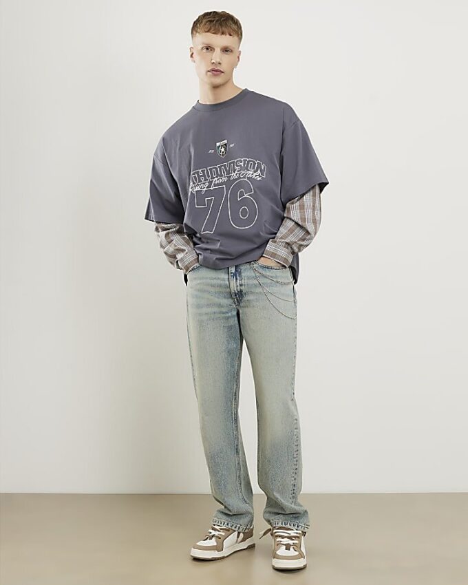 Grey Double Layered Number 76 Check T-Shirt