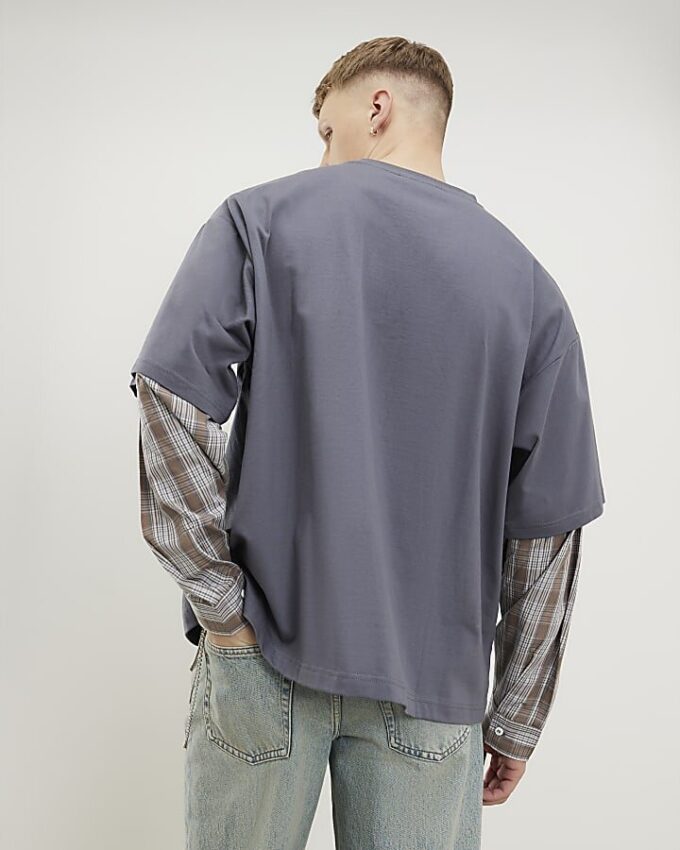 Grey Double Layered Number 76 Check T-Shirt