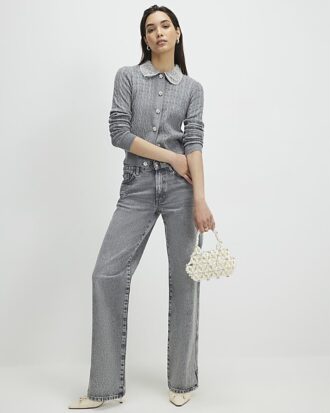 Grey Embellished Collar Cardigan