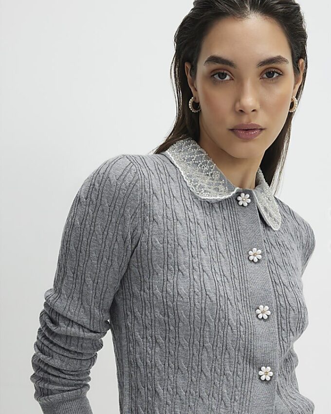 Grey Embellished Collar Cardigan
