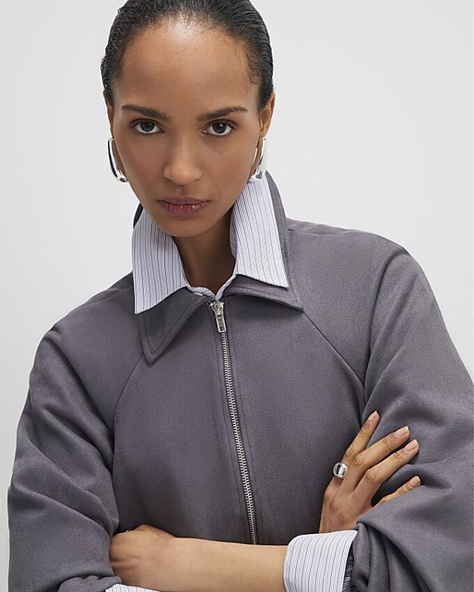 Grey Faux Suede Collared Bomber Jacket