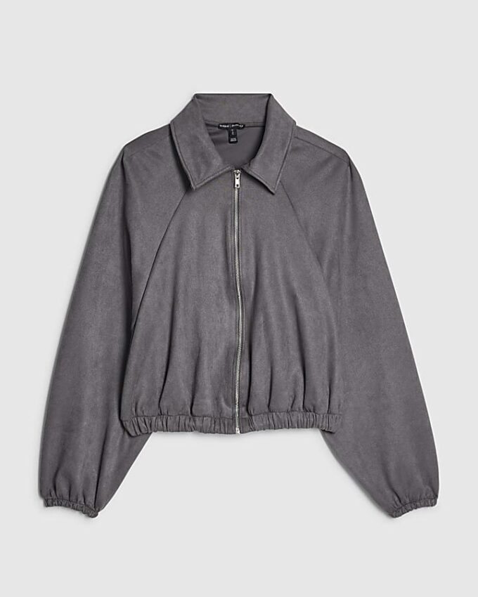Grey Faux Suede Collared Bomber Jacket