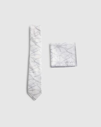 Grey Floral Tie And Handkerchief Set